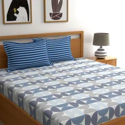 Home Ecstasy Blue Cotton 180 TC King Fitted Bedsheet with 2 Pillow Covers image 1