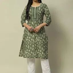 Rangriti Green Cotton Printed Straight Kurta image 1