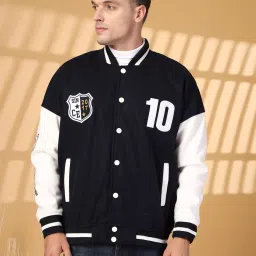 Chkokko Navy Blue Relaxed Fit Colourblocked Bomber Jackets image 1