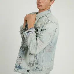 Guess Blue Cotton Regular Fit Print Jacket image 1