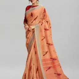 Satrani Peach Printed Saree With Unstitched Blouse-image-27