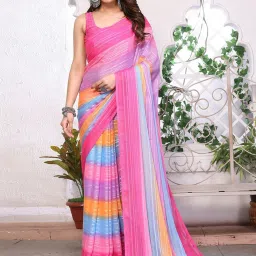 Satrani Pink Striped Saree With Unstitched Blouse image 1
