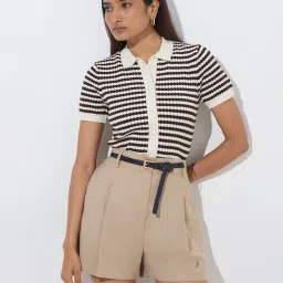 Wardrobe by Westside Dark Brown Striped Knit-Textured Cotton Top image 1
