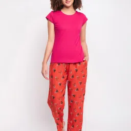 Clovia Pink & Orange Cotton T-Shirt With Pyjamas image 1