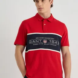 GANT Men Colourblock Embroidered Polo Collar Cotton Red T-shirt image 1