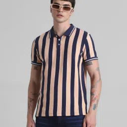Jack & Jones Peach Parfait Cotton Slim Fit Striped Polo T-Shirt image 1