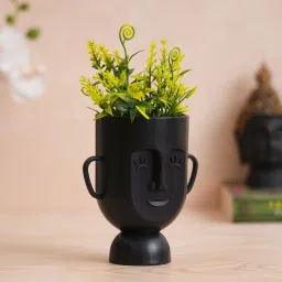 eCraftIndia Black & Green Plastic Human Face Shaped Vase with Artificial Plant image 1