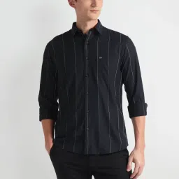 arrow sport Arrow Sports Black Cotton Slim Fit Striped Shirt image 1