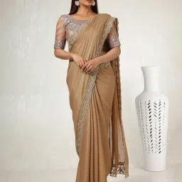 Soch Beige Chiffon Stripes Saree with Unstitched Blouse image 1