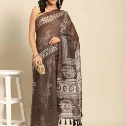 Silk Land Brown Printed Saree With Unstitched Blouse image 1