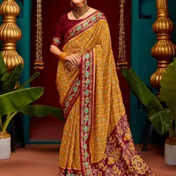 Saree Mall Mustard & Maroon Silk Printed Saree With Unstitched Blouse image 1