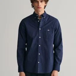 GANT Men Button-Down Collar Classic Poplin Casual Navy Blue Shirt image 1