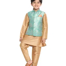 VASTRAMAY Kids Green Self Pattern Kurta Set image 3