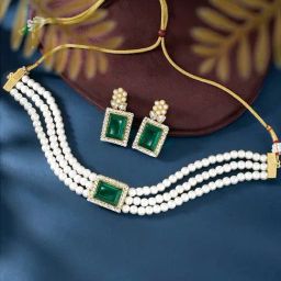 Peora Green - White Gold-Plated Kundan & Beads Choker Earrings Set-picture-10