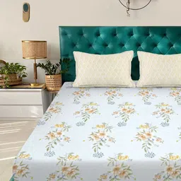 Aura White & Yellow Floral 300 TC Fitted Double King Bedsheet Set 2.50 m x 2.25 m image 3