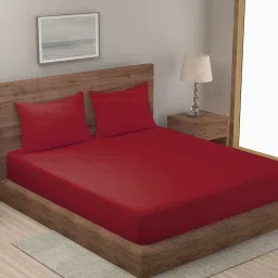 Hosta Homes Stripes Maroon 280 TC Poly Satin Fitted King Bed Sheet with 2 Pillow Covers image 1