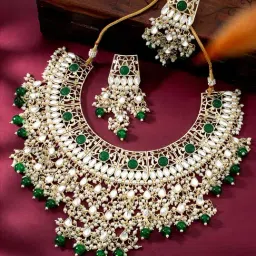 Peora Green Gold-Plated Kundan & Beads Choker Earrings Set-picture-20