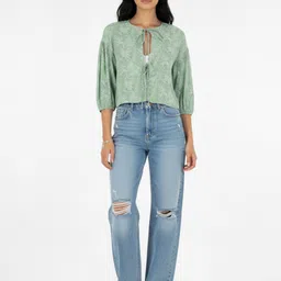 glitchez Floral Print Puff Sleeve Regular Top With Tie-Up Detail image 4