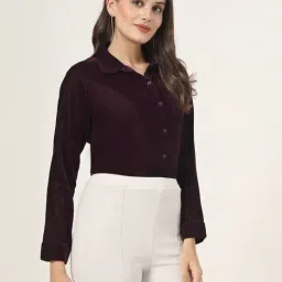 Style Quotient Women Wine Velvet Regular Fit Formal Shirt image 3