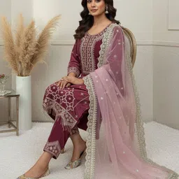 CARTYSHOP Women Ethnic Motifs Embroidered Regular Velvet Kurta with Trousers & With Dupatta image 5