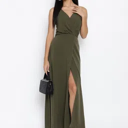 THREAD MUSTER Women Olive Green Solid Maxi Dress-picture-37