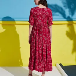 YANAMORA Ethnic Motifs Print Puff Sleeve Layered Fit & Flare Midi Dress image 2