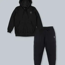 Kiddopanti Full Sleeves Logo Printed Front Zipper Hooded Sweatshirt & Track Pants Set - Jet Black-picture-26