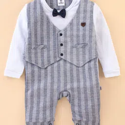 Mini Taurus Cotton Full Sleeves Striped Party Rompers with Waistcoat and Bow Applique - Light Blue-image-64
