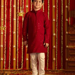 Vastramay Full Sleeves Chikankari Embroidered & Sequin Embellished Kurta Pyjama Set - Maroon And White-picture-28