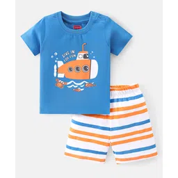 Babyhug Cotton Knit Single Jersey Half Sleeves Night Suit With Submarine Print - Blue & White-picture-14