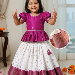 Babyhug Woven Half Puffed Sleeves Choli Lehenga Pattu Pavada Set With Floral Embroidery & Lace Detailing - White & Fuchsia-picture-27