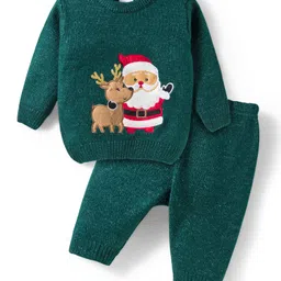 Babyhug Knit Full Sleeves Pullover Sweater Set with Reindeer & Santa Patch Embroidery - Dark Green-picture-33