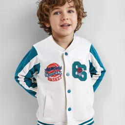 Babyhug Cotton Knit Full SleevesBomber Jacket with Text Embroidery - White & Teal Blue-picture-22