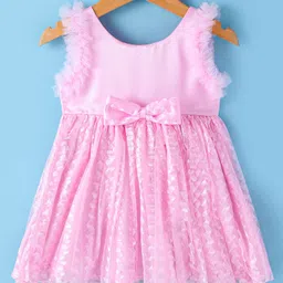 Babyhug Woven Sleeveless Fit & Flared Textured Party Frock with Bow Applique - Pink-image-58