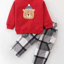 Little Kangaroos Fleece Knit Full Sleeves Winter Wear Suit With Teddy Applique - Red-picture-15