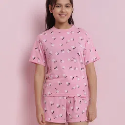 Lil Tomatoes Cotton Jersey Knit Half Sleeves Floral Printed Coordinating Night Suit Set - Pink-picture-28