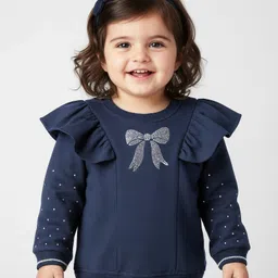 Babyhug 100% Cotton Full Sleeves Bow Embellished Sweatshirt With Frill Detailing - Navy Blue-picture-37