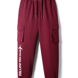 Arias 100% Cotton Knit Full Length Text Printed Jogger With Cut & Sew Detailing & Pockets - Maroon-image-6