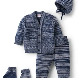 Babyhug Knit Full Sleeves Striped Sweater Set with Cap & Mittens - Navy Blue-picture-16