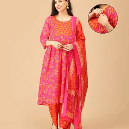 The Mom Store Cotton Knit Three Fourth Sleeves Floral Printed Maternity & Side Zipper Nursing Access Kurta With Pant & Dupatta Set - Fuchsia-picture-2