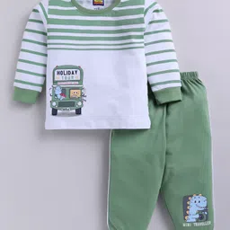 Nottie Planet Cotton Knit Full Sleeves Placement Striped & Bus Printed Tee With Joggers Set - Green-picture-18