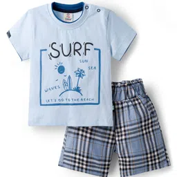 Mini Donuts Sinker Knit Half Sleeves T-Shirt & Checkered Shorts Set with Text Graphic - Light Blue-picture-23
