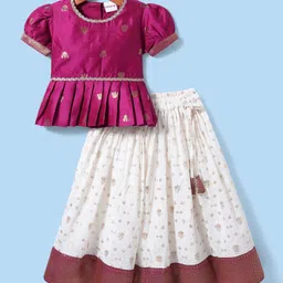 Babyhug Woven Half Puffed Sleeves Choli Lehenga Pattu Pavada Set With Floral Embroidery & Lace Detailing - White & Fuchsia image 2
