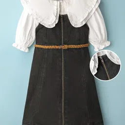 Hola Bonita Cotton Woven Full Sleeves Frock With Inner Tee & Belt - Black image 2