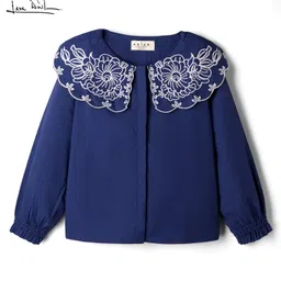arias by lara dutta Arias Cotton Woven Full Sleeves Top With Floral Embroidery at Collar - Navy Blue image 2