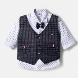 Mini Taurus Sinker Knit Full Sleeves Printed 3 Piece Party Suit With Attached Bow - Black & White image 2