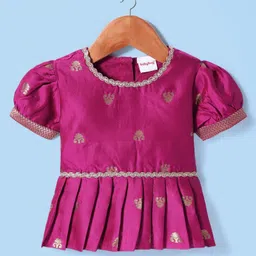 Babyhug Woven Half Puffed Sleeves Choli Lehenga Pattu Pavada Set With Floral Embroidery & Lace Detailing - White & Fuchsia image 3