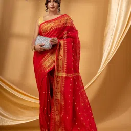 TANTLOOM Ethnic Motifs Zari Silk Cotton Taant Saree image 2