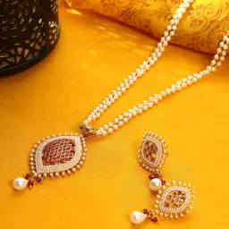 Priyaasi White Beads Ruby Gold-Plated Necklace Set image 1
