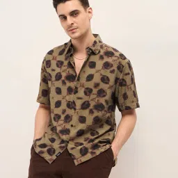 The Bear House Men's Olive Printed Relaxed Fit Casual Shirt image 1